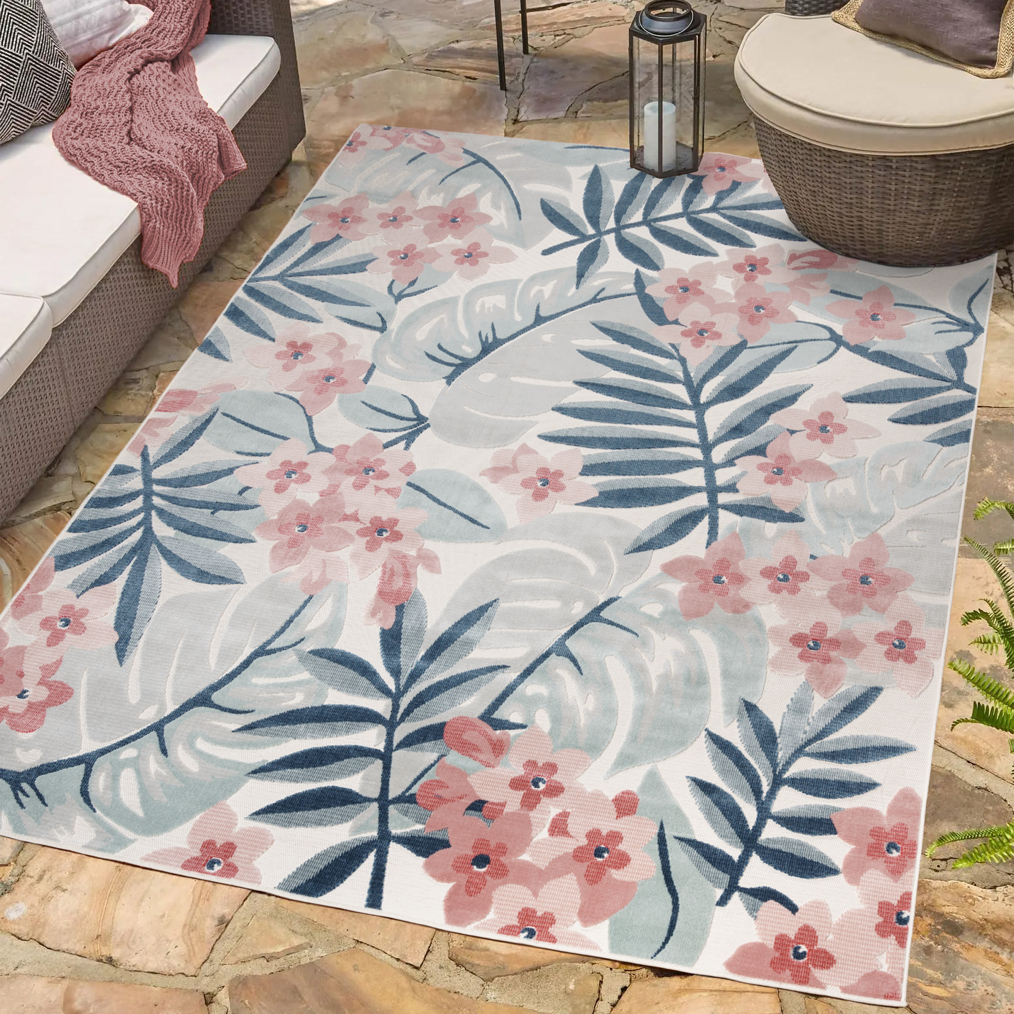 Gertmenian Tara Nelly Coastal Floral Blue Outdoor Area Rug, 8x10